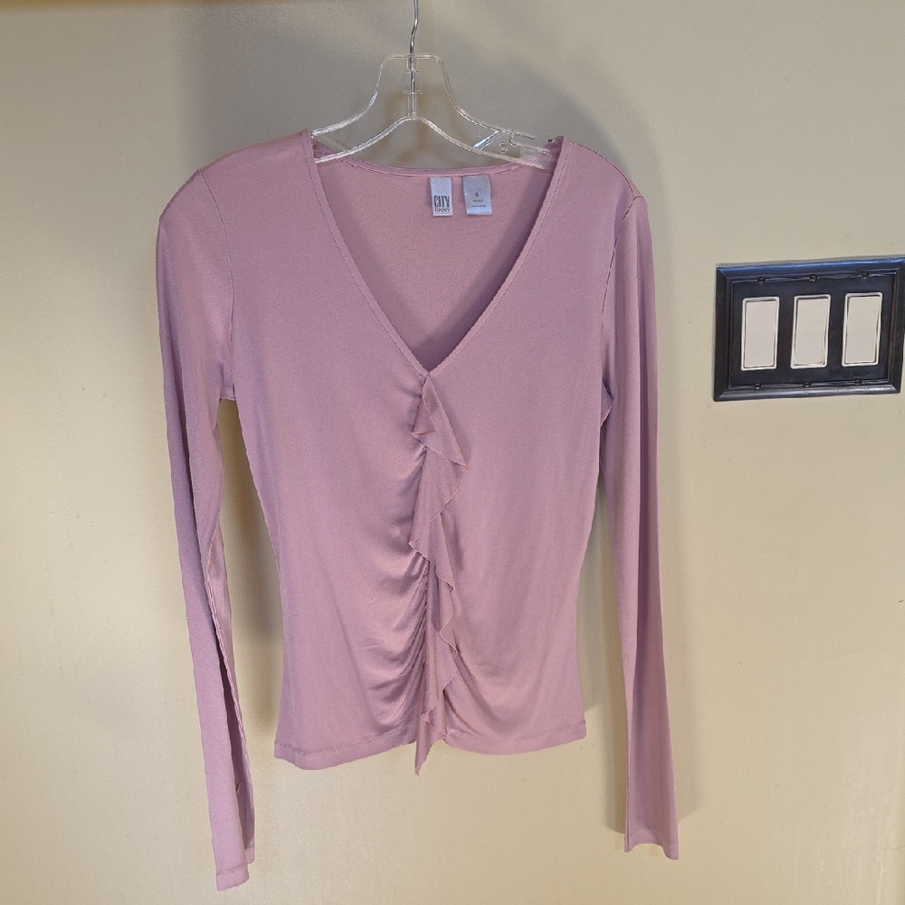 DKNYC Dusty Rose Ruffle-Front Long Sleeve Top